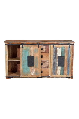Buffet 2 portes - Naturel et noir - Structure en bois recyclé - 150 x 38 x 81 cm