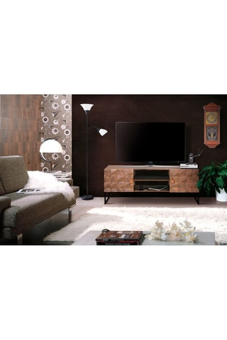 Meuble TV 2 portes - Naturel et noir - Structure en bois de manguier et détails bronze - 140 x 55 x 40 cm