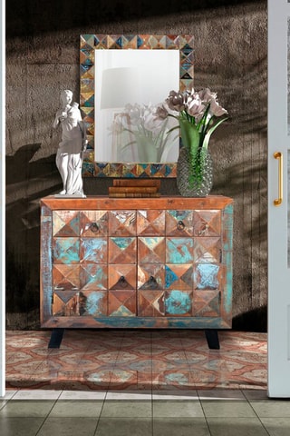 Buffet 2 portes - Naturel et argenté - Structure en bois recyclé - 100 x 40 x 87 cm