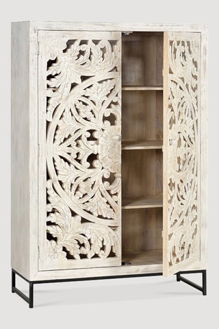 Meuble de rangement 2 portes - Blanc et noir - Structure en bois de manguier - 110 x 40 x 160 cm