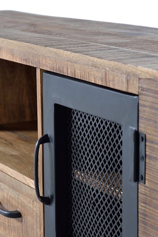 Meuble TV 2 portes - Naturel et noir - Structure en bois de manguier - 150 x 38 x 60 cm