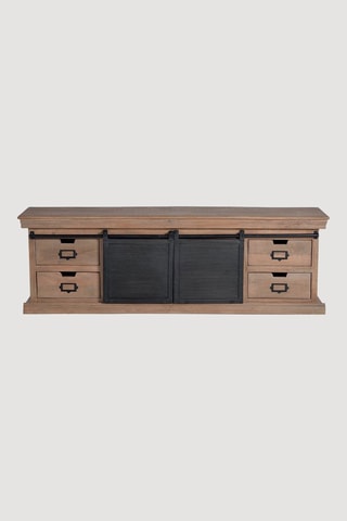 Meuble TV 2 portes - Naturel et noir - Structure en bois de manguier - 170 x 55 x 40 cm