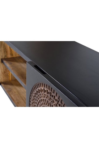 Meuble TV 2 portes - Noir et naturel - Structure en bois de manguier - 145 x 56 x 40 cm