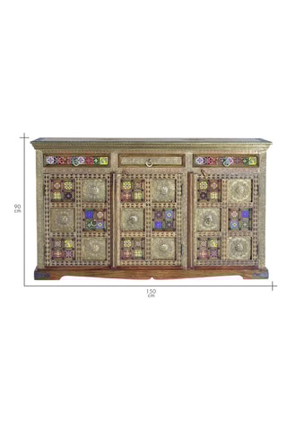 Buffet 3 portes - Naturel et doré - En acacia et céramique - 150 x 90 x 40 cm