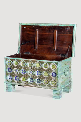 Coffre - Vert d'eau et bleu - Structure en bois de manguier et détails en bronze et céramique - 80 x 45 x 40 cm