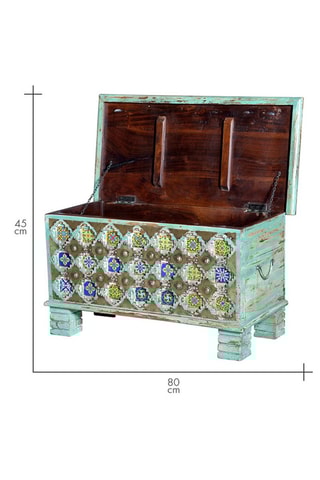 Coffre - Vert d'eau et bleu - Structure en bois de manguier et détails en bronze et céramique - 80 x 45 x 40 cm