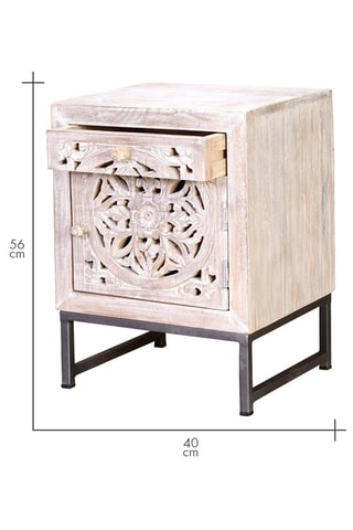 Table de chevet 1 porte - Blanc vieilli - Structure en bois de manguier - 40 x 56 x 35 cm