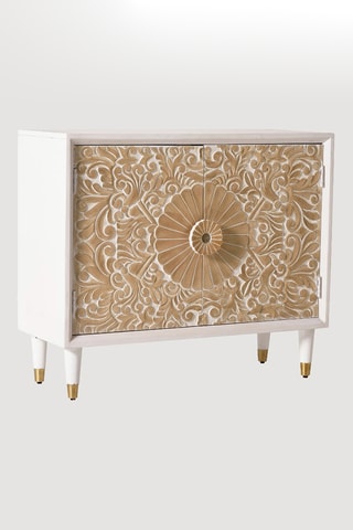 Buffet 2 portes - Naturel et blanc - Structure en bois de manguier - 90 x 76 x 35 cm