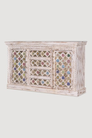 Buffet 2 portes - Blanc vieilli et doré - Structure en bois de manguier, bronze et céramique - 150 x 90 x 40 cm