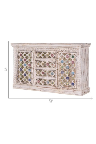 Buffet 2 portes - Blanc vieilli et doré - Structure en bois de manguier, bronze et céramique - 150 x 90 x 40 cm