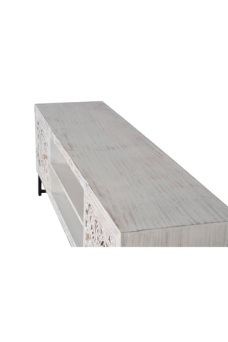 Meuble TV 2 portes - Blanc et naturel - Structure en bois de manguier - 170 x 55 x 40 cm