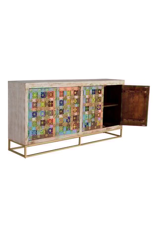 Buffet 4 portes - Blanc et doré - En bois de manguier - 180 x 40 x 90 cm