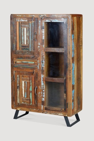 Meuble de rangement 3 portes - Naturel et blanc - Structure en bois de manguier - 90 x 140 x 38 cm