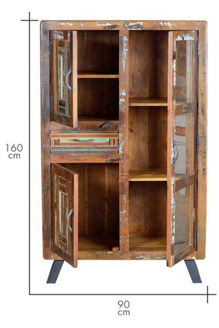 Meuble de rangement 3 portes - Naturel et blanc - Structure en bois de manguier - 90 x 140 x 38 cm