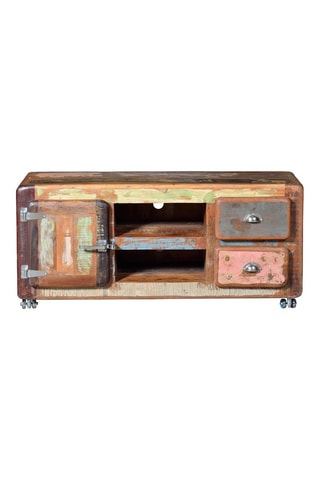 Meuble TV 1 porte - Naturel et rose - Structure en bois recyclé - 135 x 56 x 40 cm