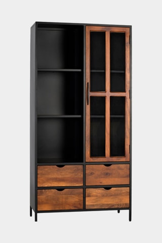 Vitrine 1 porte - Naturel et noir - Bois de manguier - 90 x 180 x 40 cm