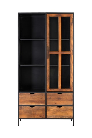 Vitrine 1 porte - Naturel et noir - Bois de manguier - 90 x 180 x 40 cm
