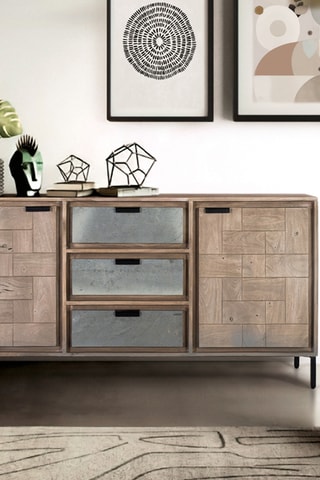 Buffet 2 portes - Marron et gris - En bois d'acacia - 81 x 160 x 40 cm