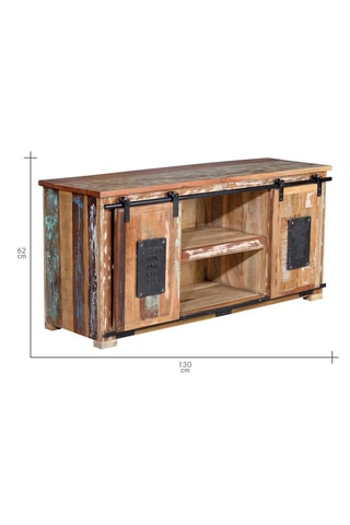 Meuble TV 2 portes - Naturel et noir - Structure en bois recyclé - 130 x 62 x 40 cm