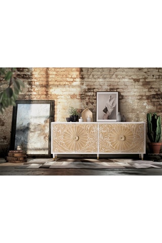 Buffet 4 portes - Naturel et blanc - Structure en bois de manguier - 190 x 40 x 80 cm