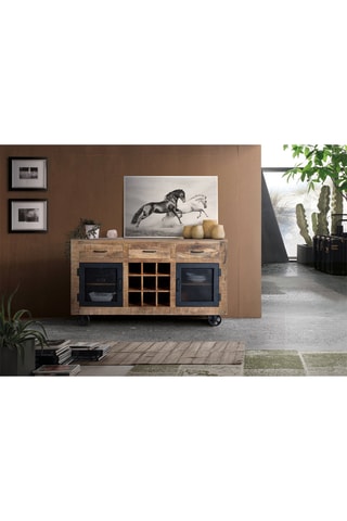 Buffet 2 portes - Naturel et noir - Structure en bois de manguier - 150 x 38 x 85 cm