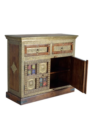 Commode 2 portes - Naturel et doré - En acacia et céramique - 105 x 90 x 40 cm