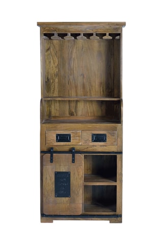 Meuble bar 1 porte - Naturel et noir - En acacia - 75 x 170 x 38 cm