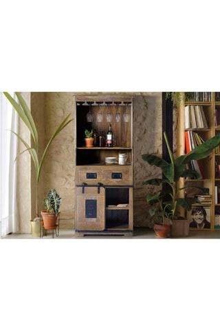 Meuble bar 1 porte - Naturel et noir - En acacia - 75 x 170 x 38 cm