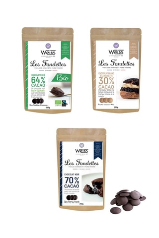 Chocolat noir 64% à pâtisser bio, Chocolat blanc à la noisette à pâtisser 30% et Chocolat noir 70% à pâtisser - 3 x 250 g