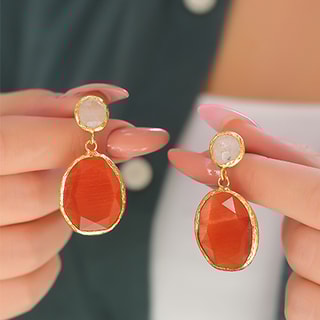 Oorbellen - Messing Doublé Goud, Kattenoog & Maansteen