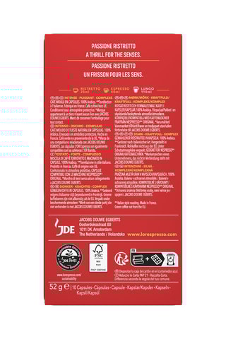 100 cápsulas - Café Passione Ristretto - Intensidad 12 - 10 x 10 cápsulas L'Or Espresso