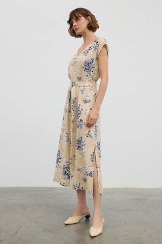 Abito midi in lino  - Beige e blu
