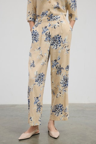 Pantaloni in lino a vita alta  - Blu e beige