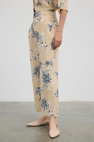 Pantaloni in lino a vita alta  - Blu e beige