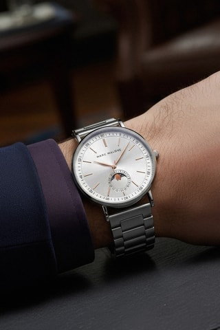 Montre à quartz en acier - Compteur phases de la lune - Argenté