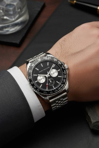 Montre à quartz en acier - Tachymètre - Argenté et noir