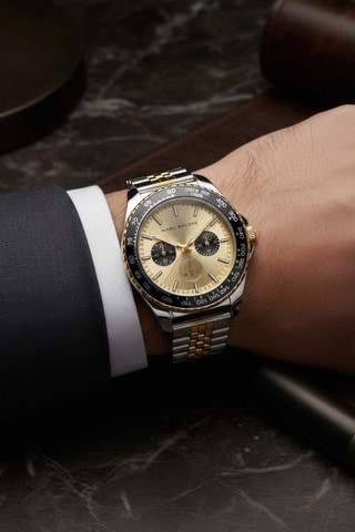 Montre à quartz en acier - Tachymètre - Argenté et doré