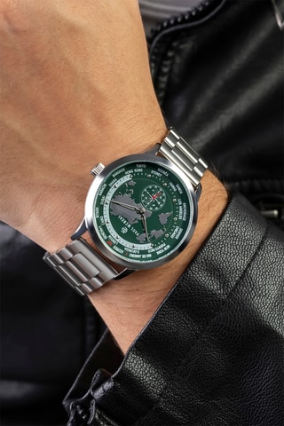 Montre à quartz en acier - GMT - Boussole - Argenté et vert foncé