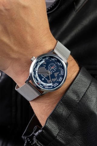 Montre à quartz en acier - GMT - Boussole - Argenté et bleu marine