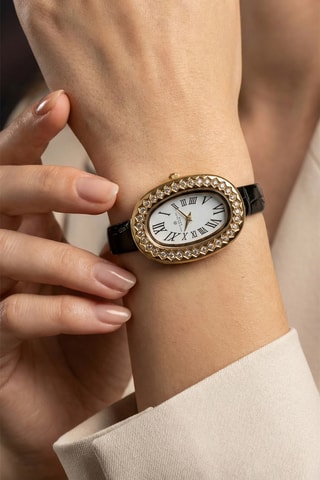 Montre à quartz en cuir - Noir et doré