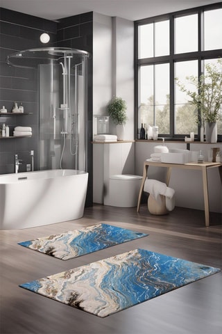 2 alfombras de baño - Azul y crudo