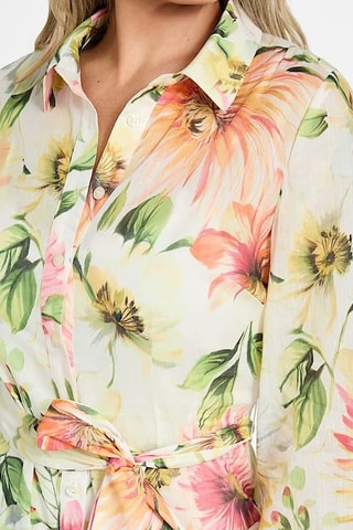 Robe chemise en ramie- Rose et vert clair