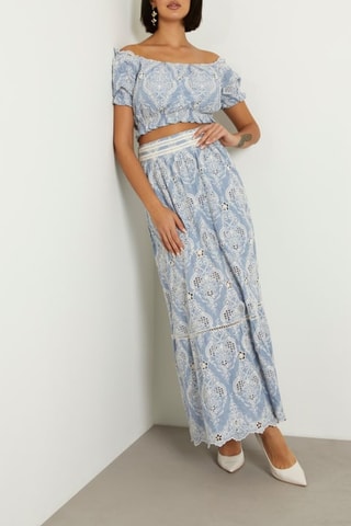 Jupe longue en broderie anglaise taille haute Frida - Ciel