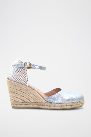 Sandali con zeppa in pelle - Beige, blu e argentato