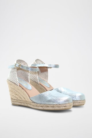 Sandali con zeppa in pelle - Beige, blu e argentato