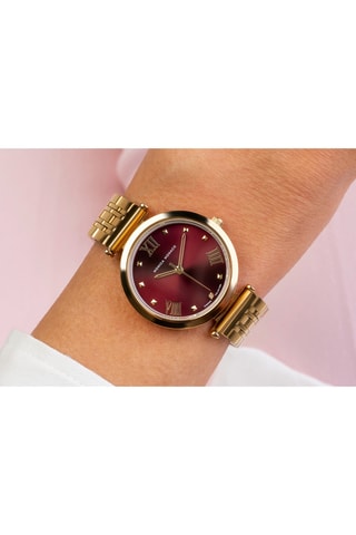 Stalen & Diamanten Quartz Horloge - Goudkleurig en Bordeauxrood - Monica Monaco