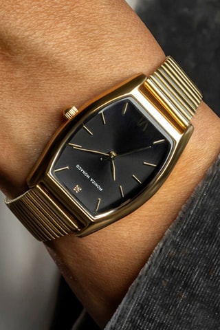 Stalen Quartz Horloge met Diamant - Goudkleurig en Zwart