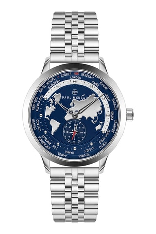 Stalen Quartz Horloge - GMT-functie - Zilverkleurig en Marineblauw - Paul McNeal