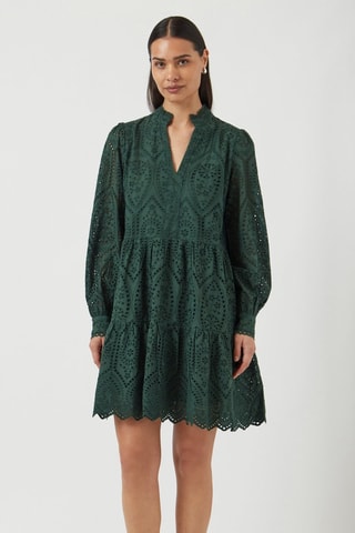 Vestido evasé de algodón orgánico con bordado inglés - Verde oscuro - Yas