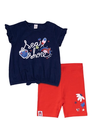 Geknoopt T-shirt en Wielrenbroekje Beach Day - Rood en blauw